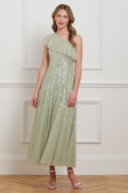 Dappled Sequin One-Shoulder Ankle Gown