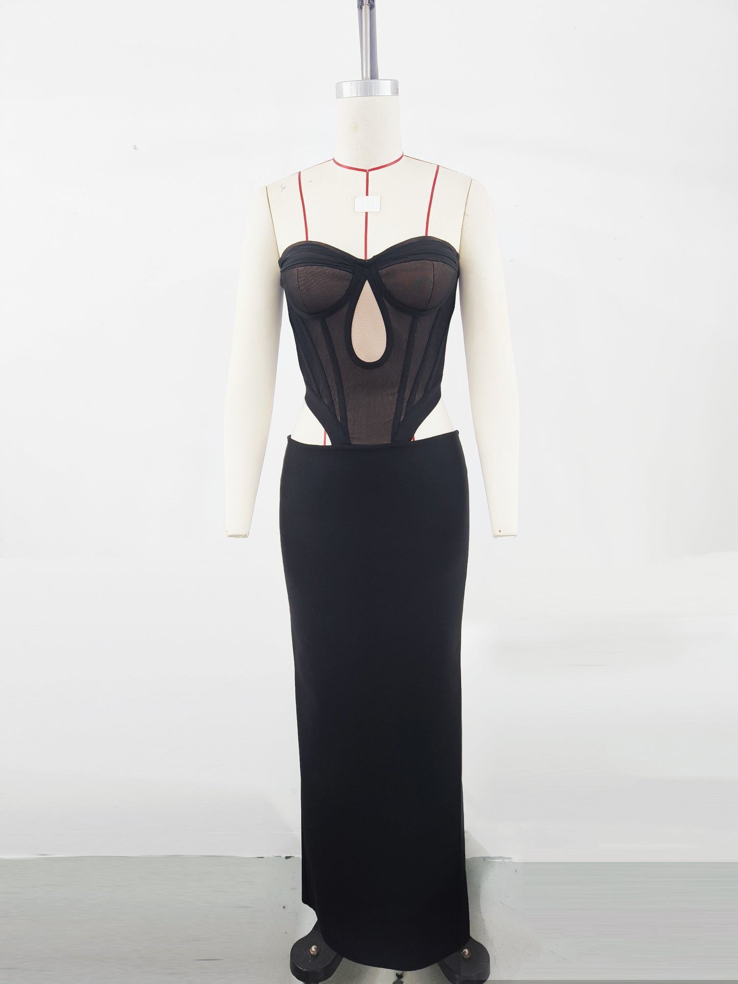 Women's Black Strapless Cutout Evening Gown, Elegant Sexy Bodycon Party Dress