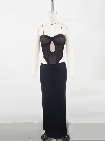 Women's Black Strapless Cutout Evening Gown, Elegant Sexy Bodycon Party Dress
