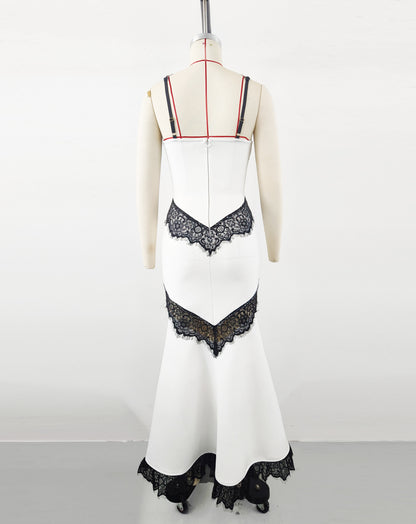 Women's Lace Panel Lace-Up Evening Gown, Elegant Sexy Bodycon Prom Party Dress