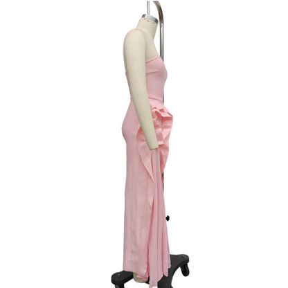Pink Strapless Bandage Maxi Dress, High Stretch Chiffon 3D Ruffle Bridesmaid Gown