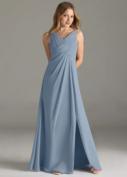 Dusty Blue A-Line Lace Chiffon Dress