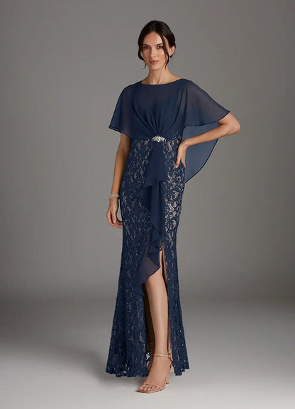 Dark Navy Taupe Sheath Sequins Chiffon Dress