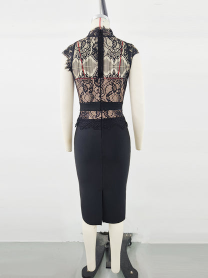 Women's Sexy Lace Turtleneck Dress, Elegant Slim Fit Bodycon Evening Party Dress