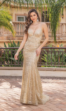 Strappy-Back Long Sequin Prom Dress