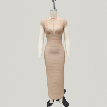 Cap-Sleeve Sheer Mesh Bandage Maxi Dress