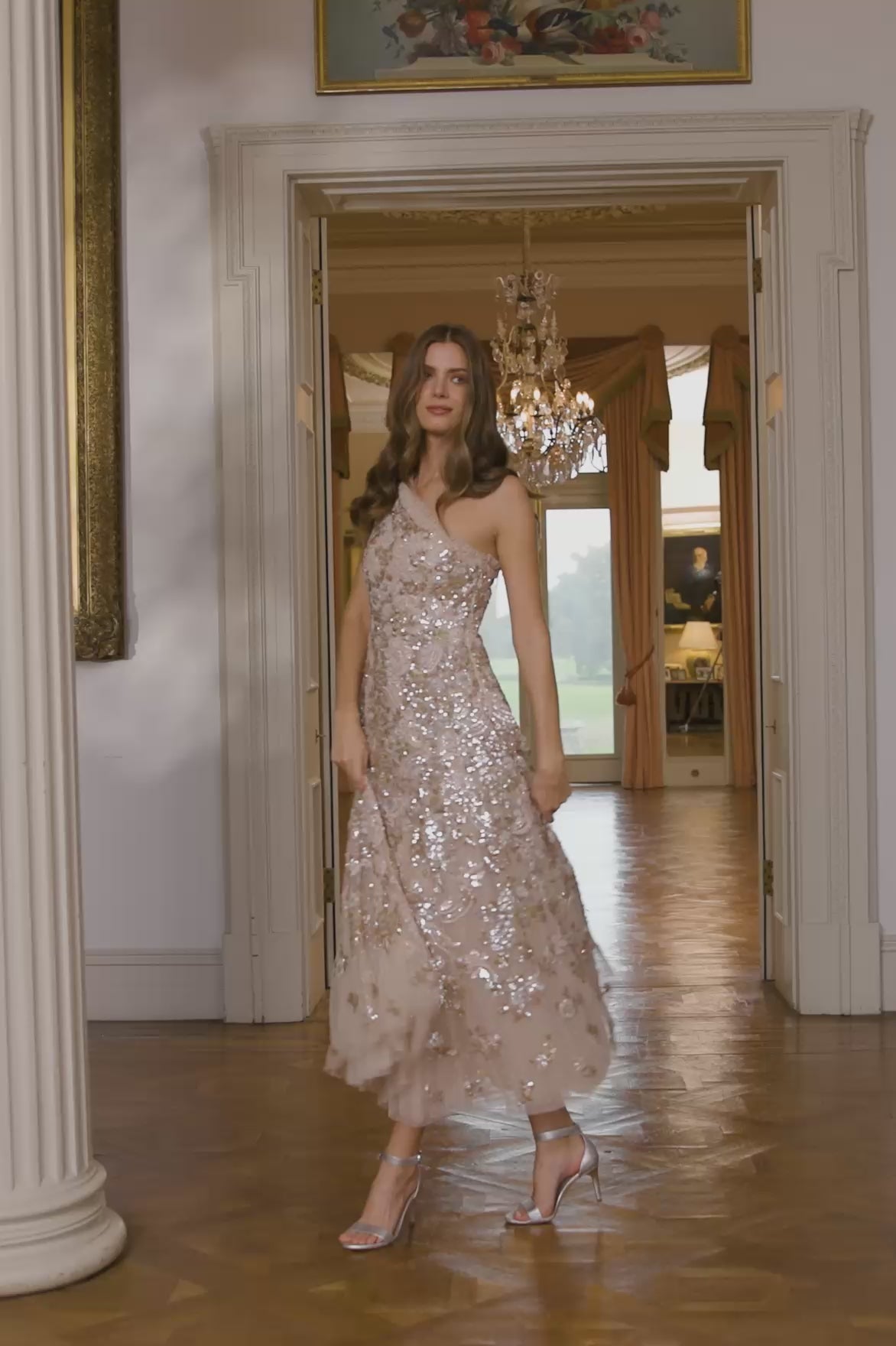 Baroque Floral One-Shoulder Bow Ankle Gown