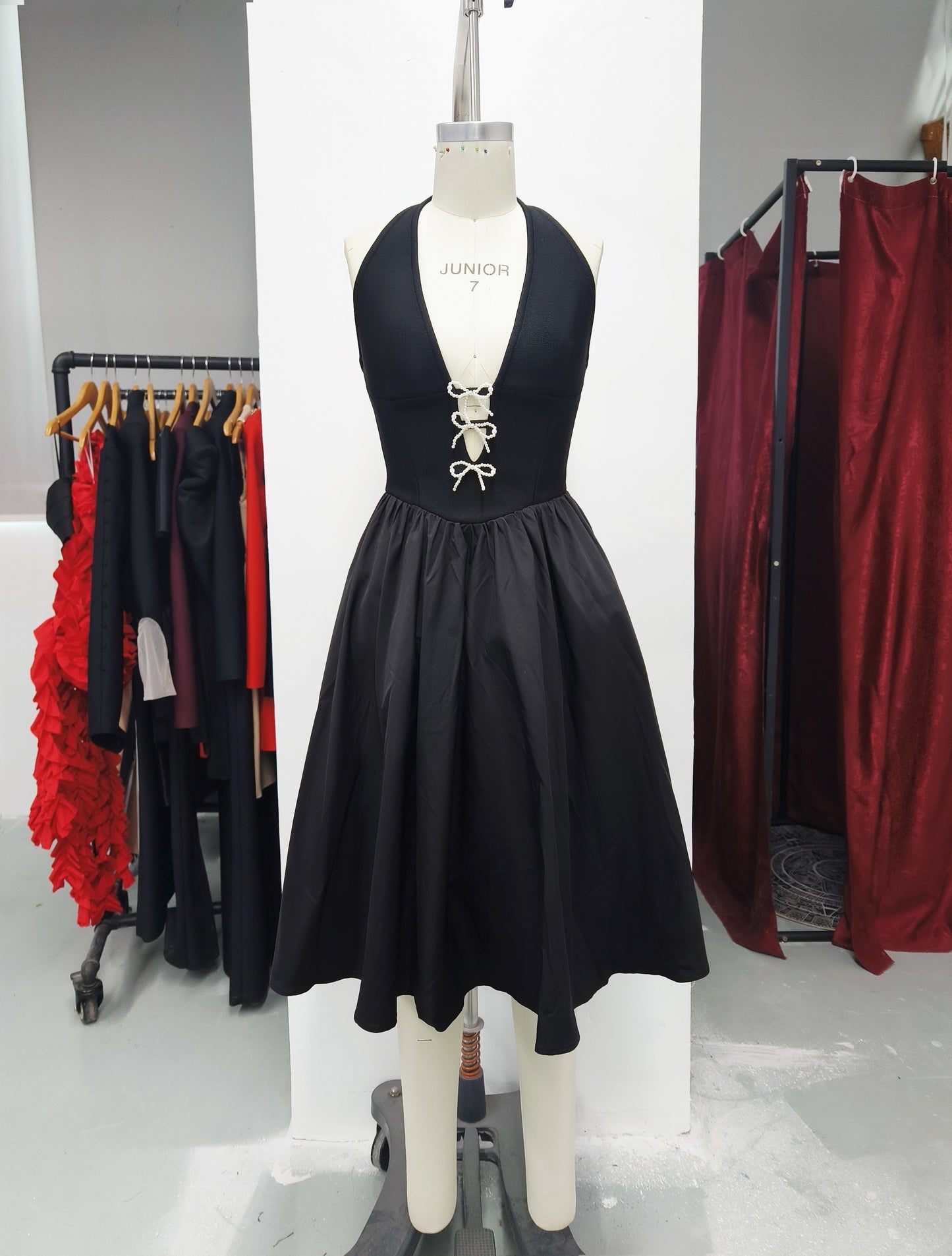 Women's Pearl Bow Puffy Dress, Sweet A-Line Party Dress