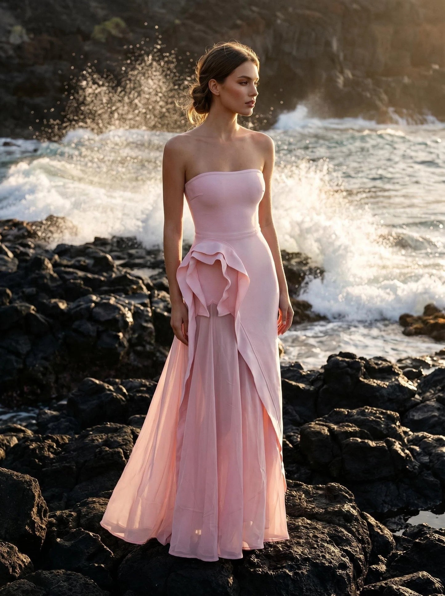 Pink Strapless Bandage Maxi Dress, High Stretch Chiffon 3D Ruffle Bridesmaid Gown