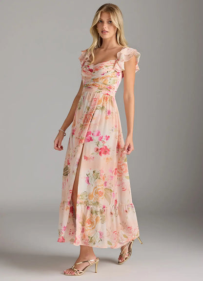 Abstract Bouquet Floral A-Line Sweetheart Neckline Chiffon Dress（副本）