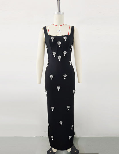 Rhinestone Floral Spaghetti Strap Long Bandage Dress