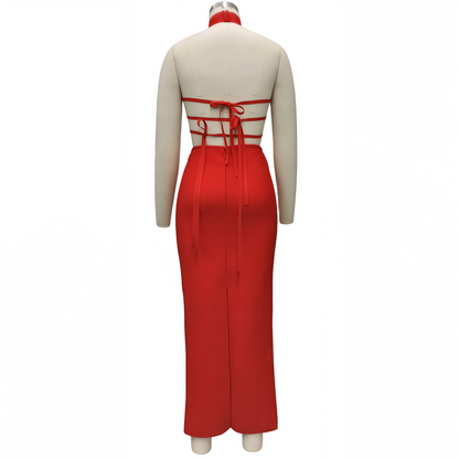 Halter Neck Sheer Mesh Bandage Maxi Dress