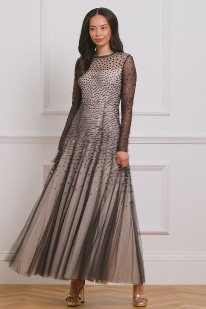 Sequin Cascade Round Neck Gown
