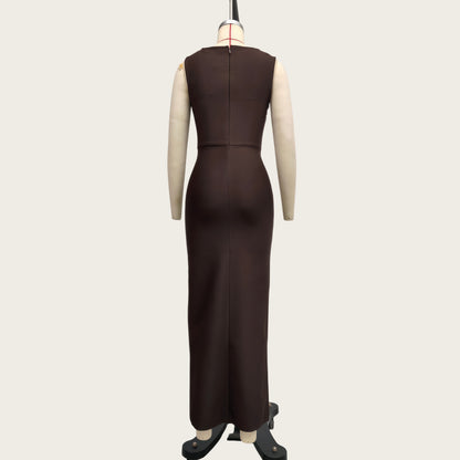 Brown Slit Spaghetti Strap Bandage Dress