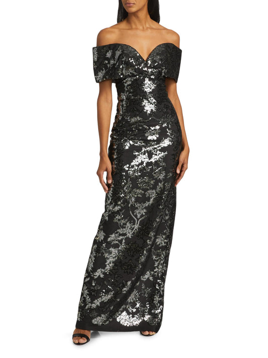 Sequin Tulle Off-The-Shoulder Gown