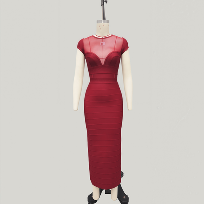 Cap-Sleeve Sheer Mesh Bandage Maxi Dress