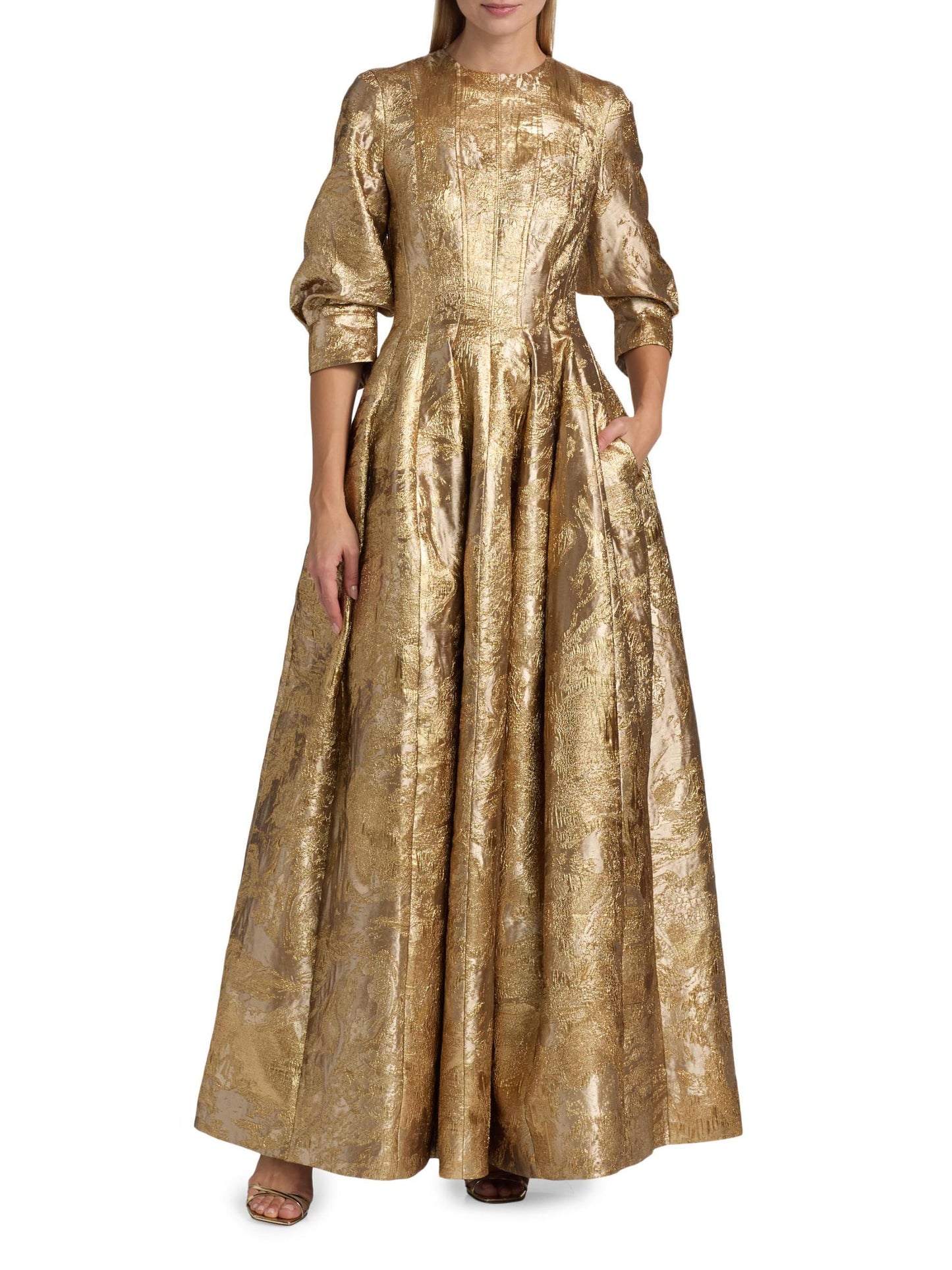 Claravelle Metallic Floral Brocade Gown