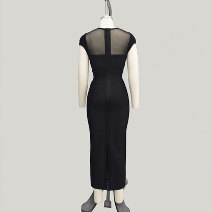 Cap-Sleeve Sheer Mesh Bandage Maxi Dress