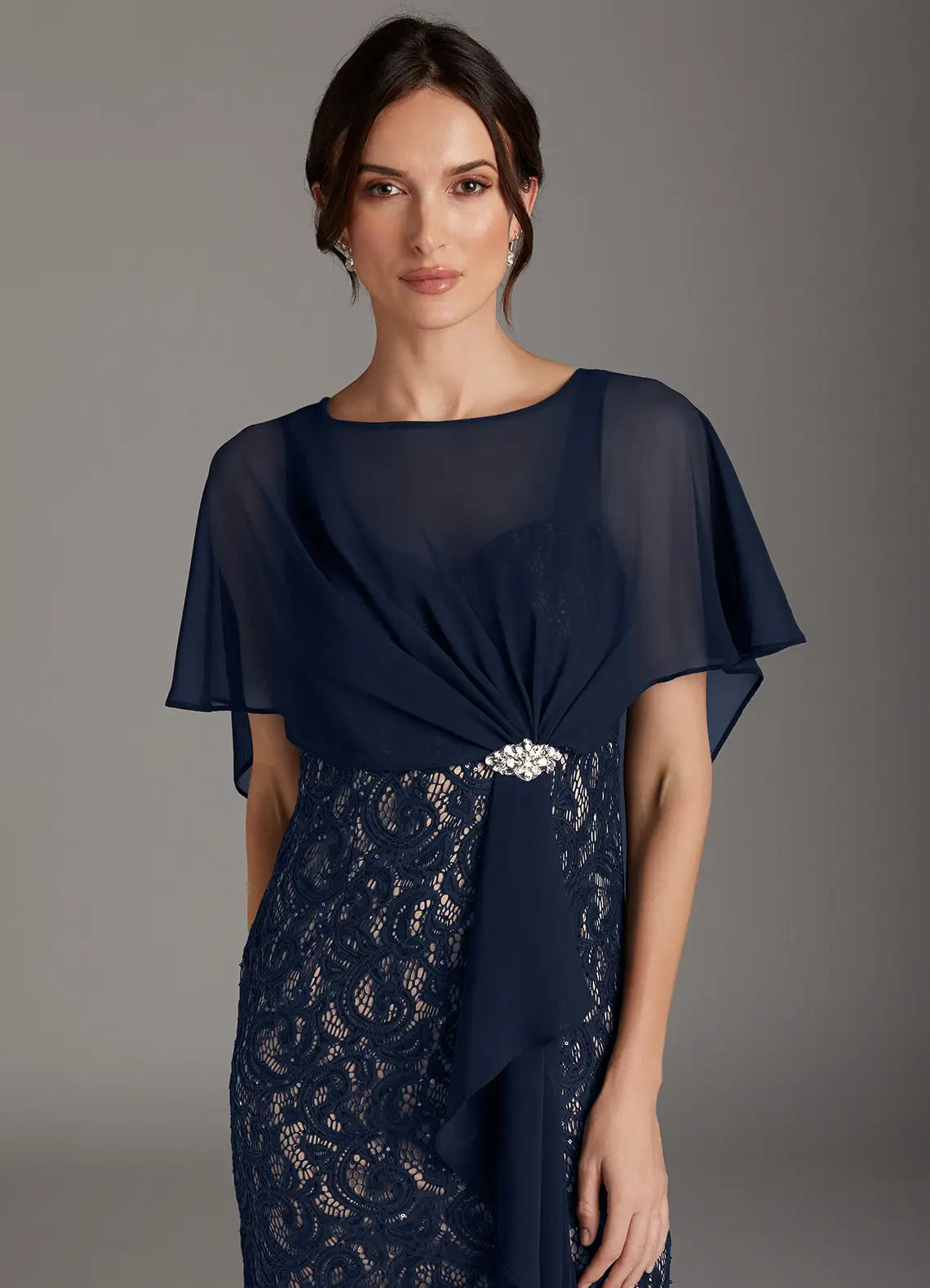 Dark Navy Taupe Sheath Sequins Chiffon Dress