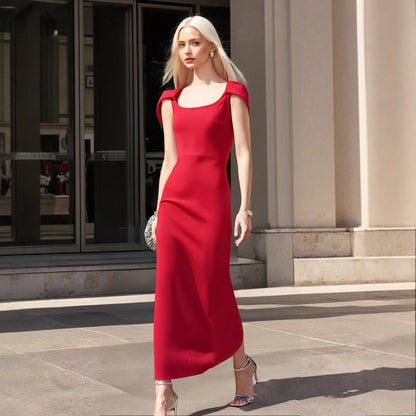 Red Elegant Cape Dress, French Stretchy Slim Fit Bandage Dress