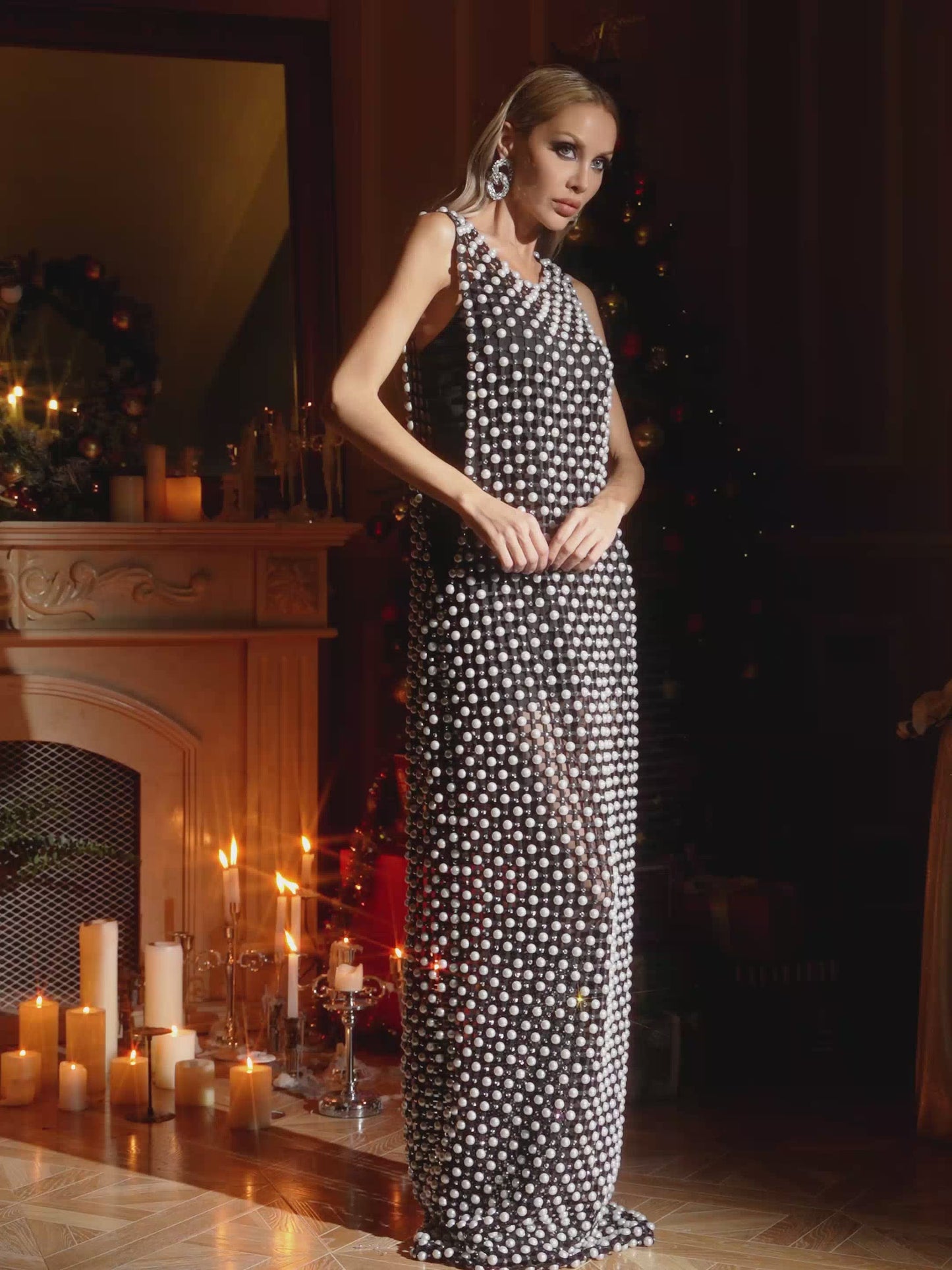 Innervor Sleeveless Pearl Cutout Maxi Dress