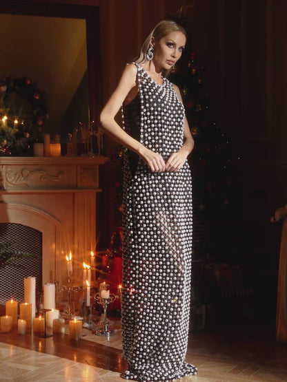Innervor Sleeveless Pearl Cutout Maxi Dress