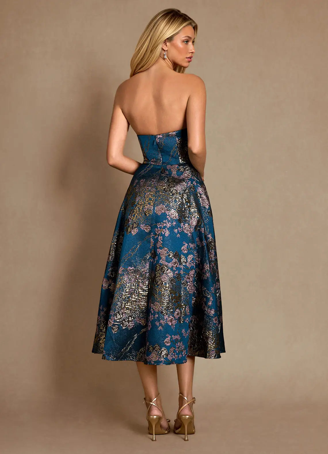 Teal Floral A-Line Pleated Brocade Dress