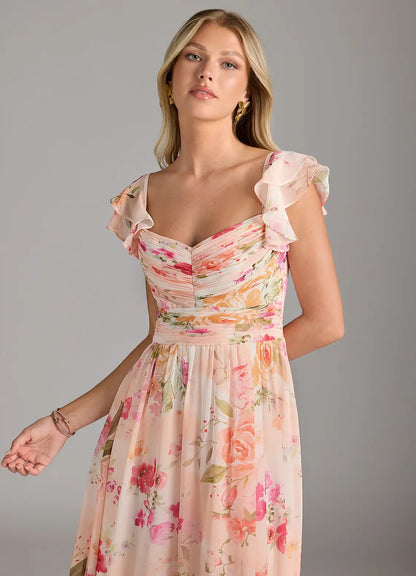 Abstract Bouquet Floral A-Line Sweetheart Neckline Chiffon Dress（副本）