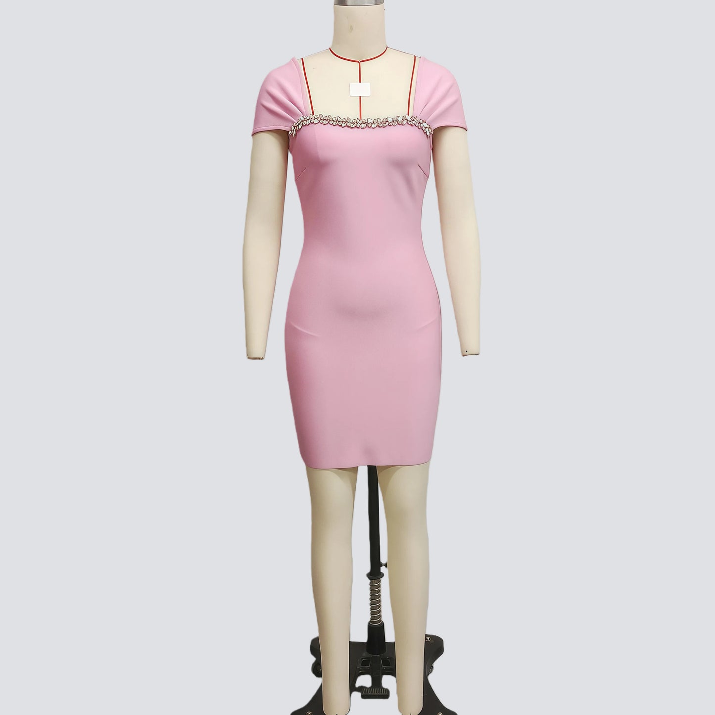 Elegant Handmade Rhinestone French Bandage Dress, Pink Mini Dress