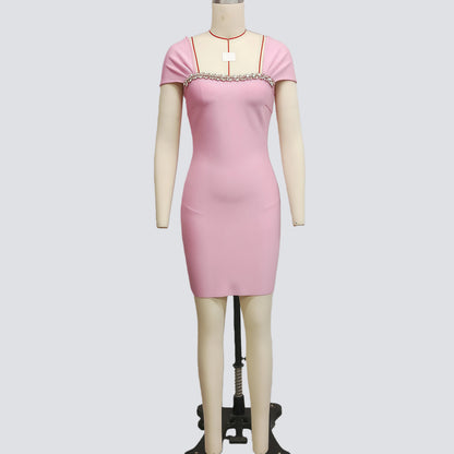 Elegant Handmade Rhinestone French Bandage Dress, Pink Mini Dress