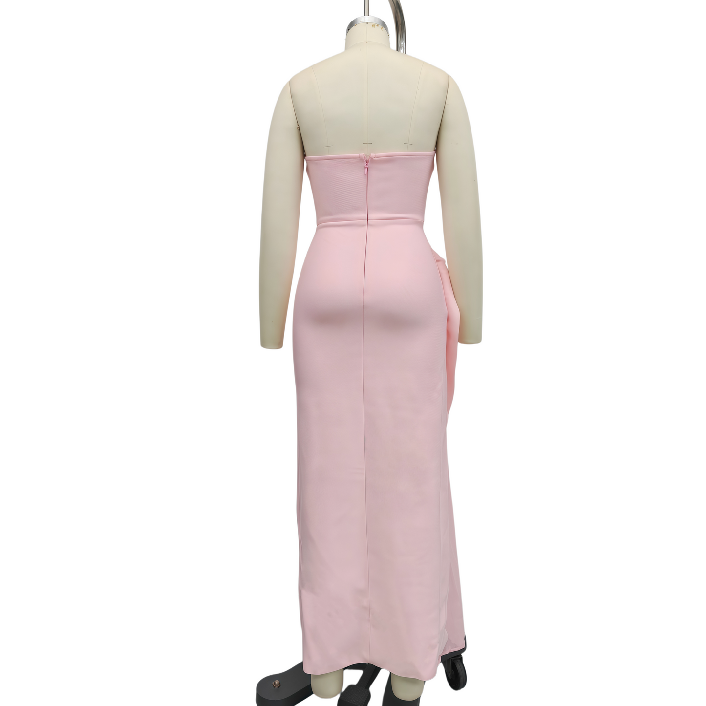 Pink Strapless Bandage Maxi Dress, High Stretch Chiffon 3D Ruffle Bridesmaid Gown