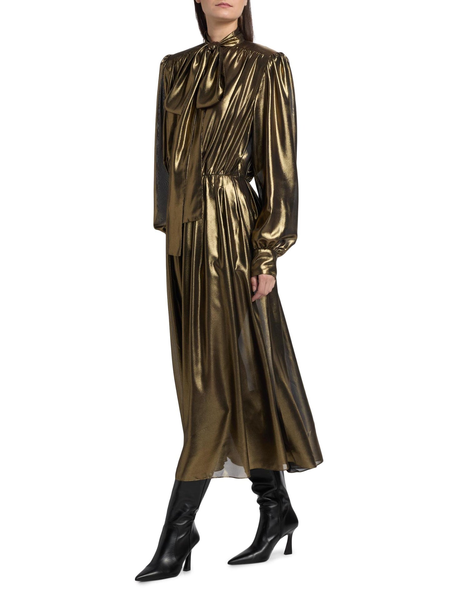 Anora Pleated Metallic Midi-Dress