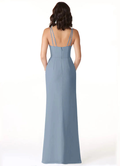 Dusty Blue Mermaid V-Neck Pleated Chiffon Dress