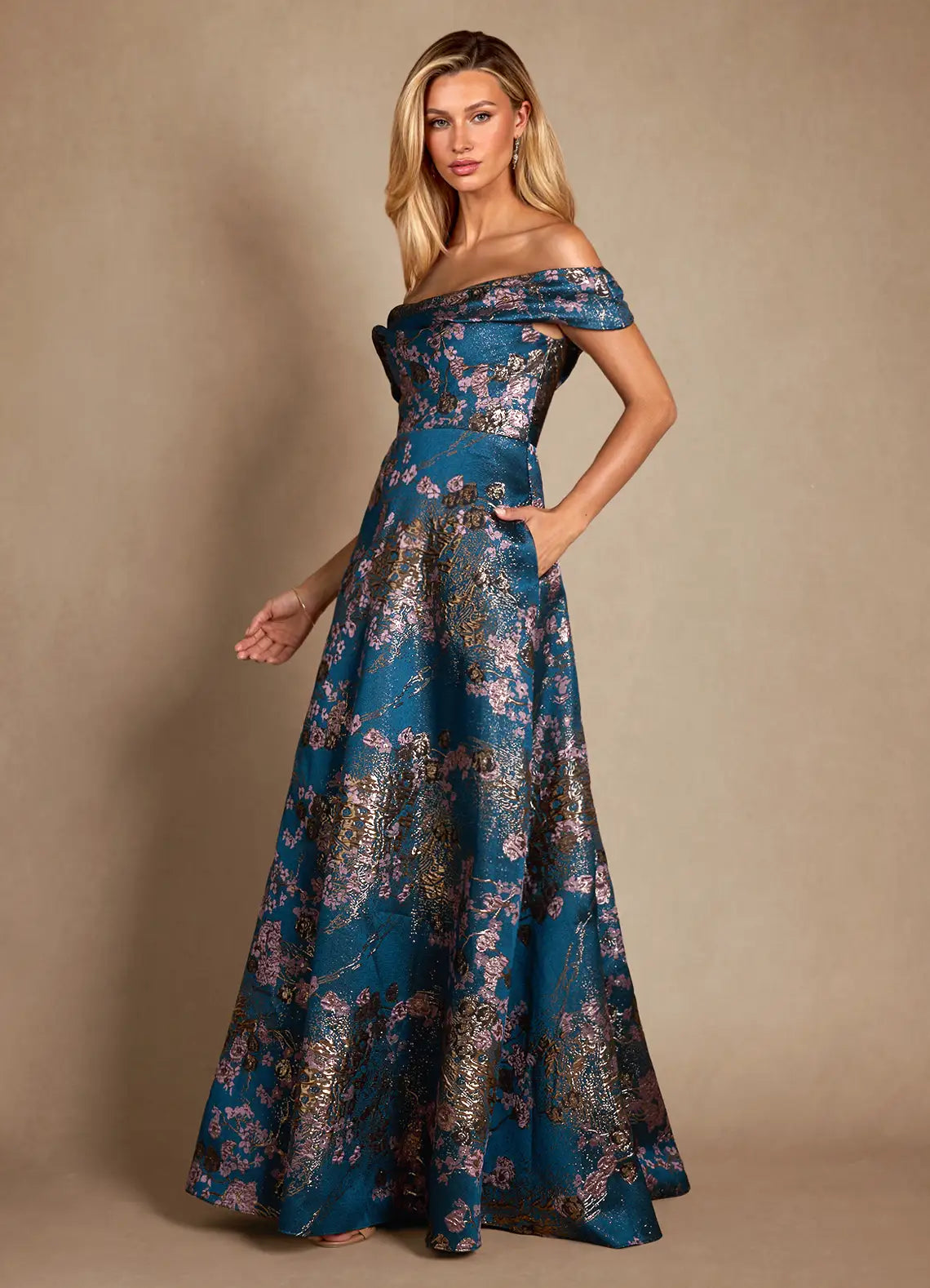 Teal Floral A-Line Off the Shoulder Jacquard Dress