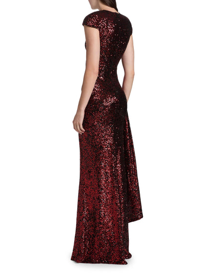 Sequined Draped Cap-Sleeve Gown
