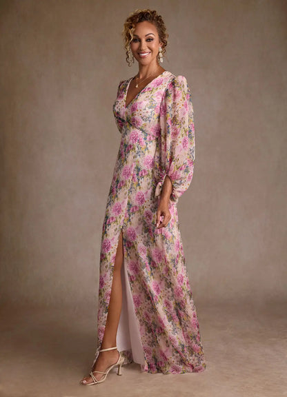 Lavender Floral A-Line Pleated Chiffon Dress