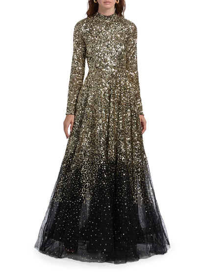 Ina Sequin-Embroidered Long-Sleeve Gown