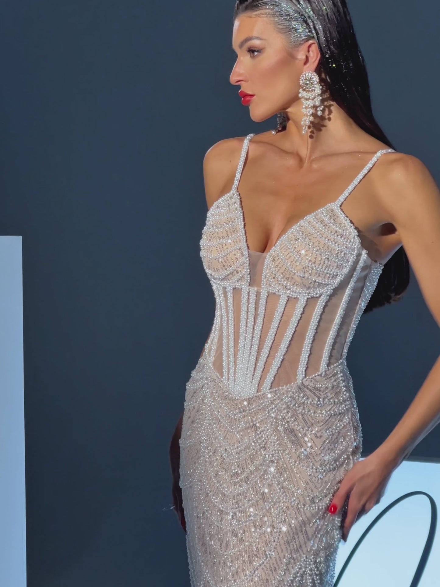 Dion Spaghetti Pearl Embellished Sequin Dress