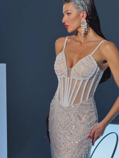 Dion Spaghetti Pearl Embellished Sequin Dress