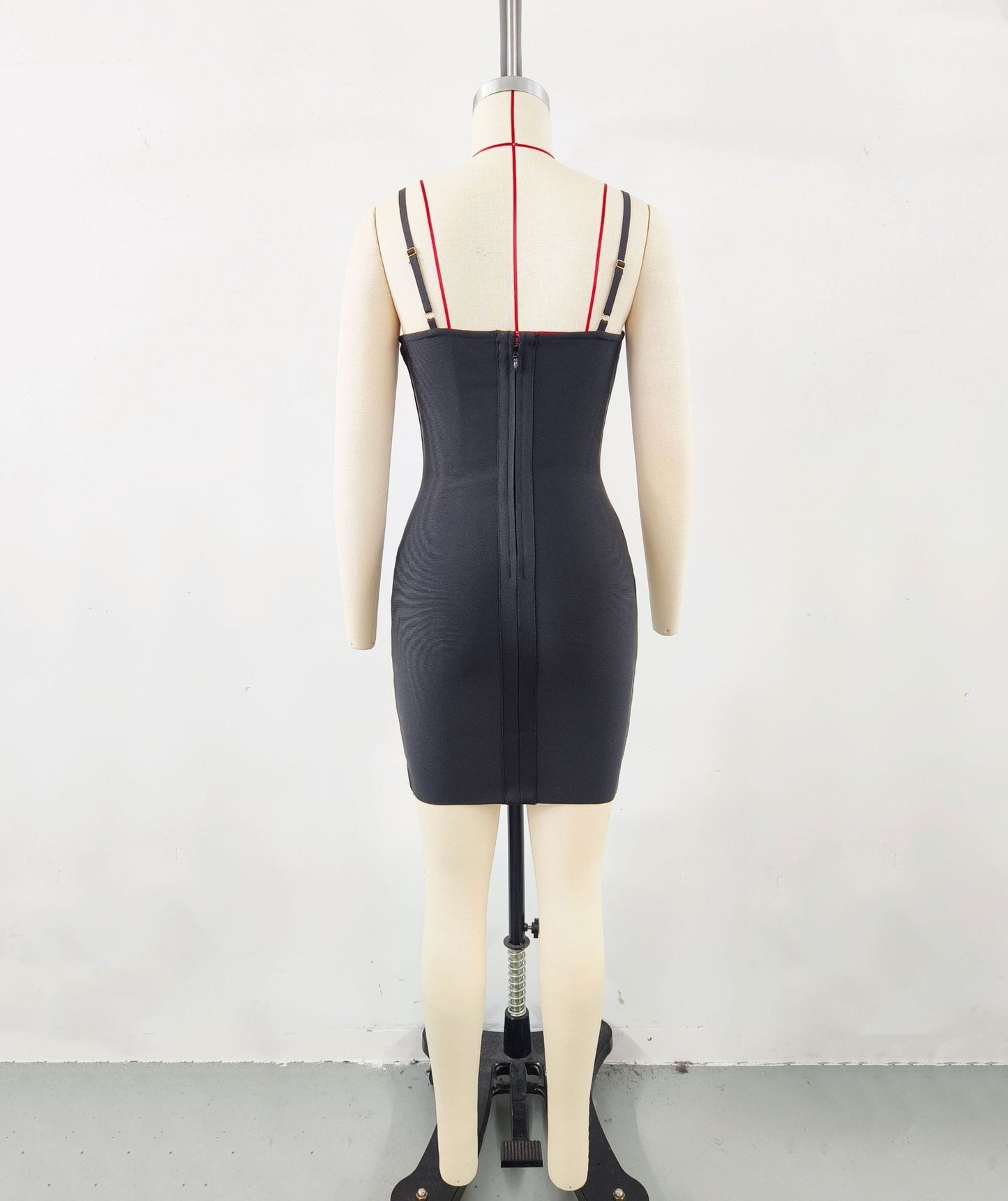 Black Spaghetti Strap Double Loop Rhinestone Bandage Dress