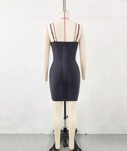 Black Spaghetti Strap Double Loop Rhinestone Bandage Dress