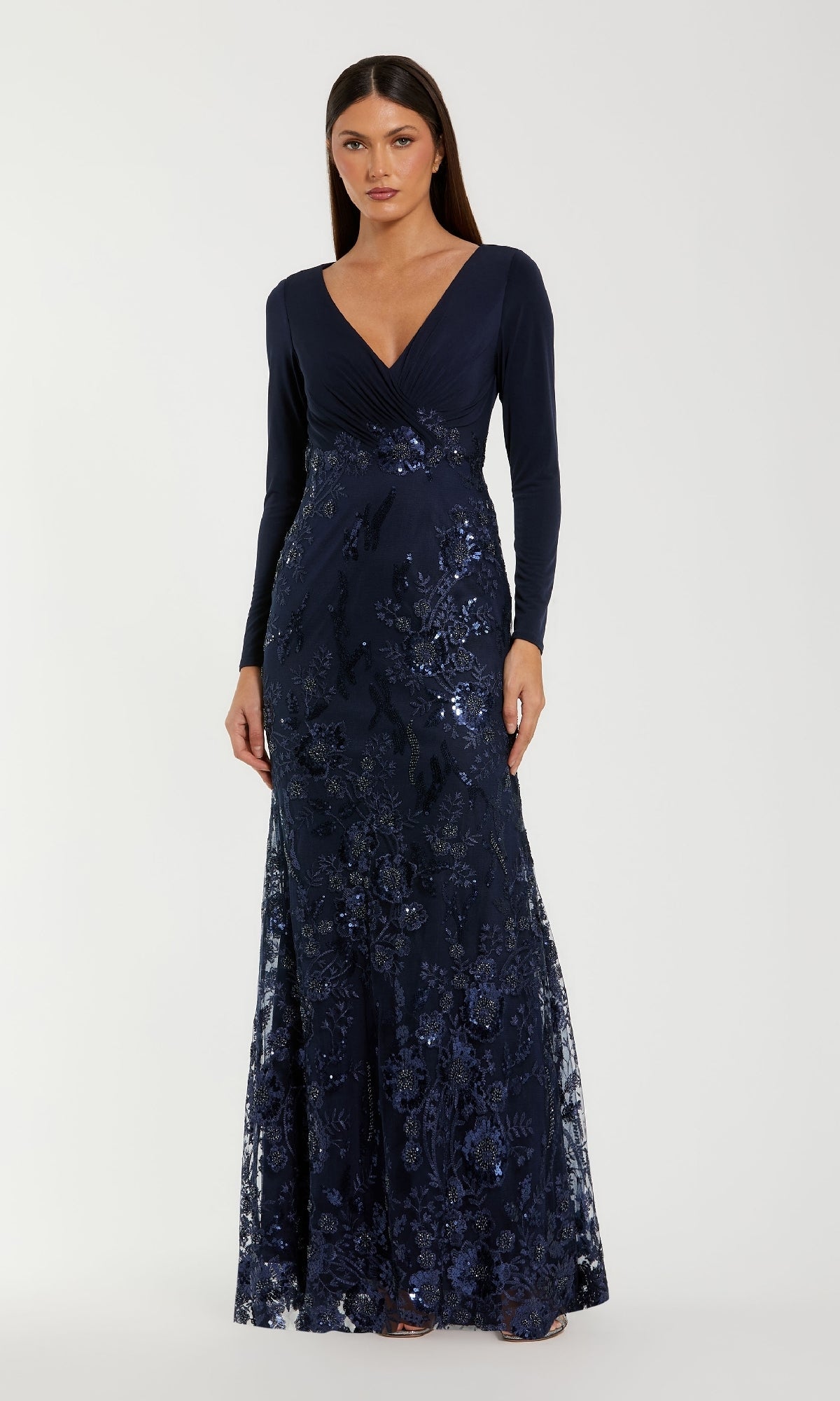 Long Sleeve Dark Blue Formal Gown: Mac Duggal 67871