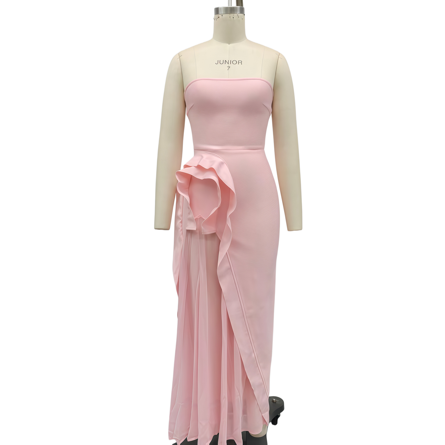 Pink Strapless Bandage Maxi Dress, High Stretch Chiffon 3D Ruffle Bridesmaid Gown