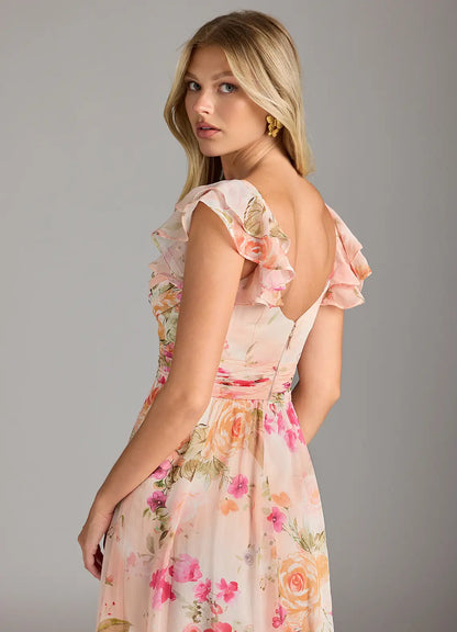 Abstract Bouquet Floral A-Line Sweetheart Neckline Chiffon Dress（副本）