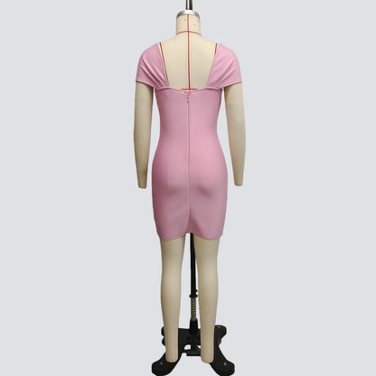 Elegant Handmade Rhinestone French Bandage Dress, Pink Mini Dress