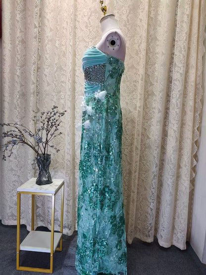 Heavy-embellished Velvet Evening Gown with 3D Floral Appliqués