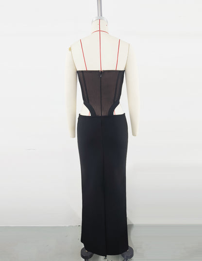 Women's Black Strapless Cutout Evening Gown, Elegant Sexy Bodycon Party Dress