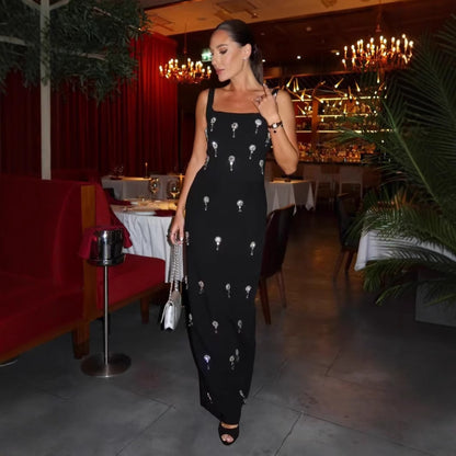 Rhinestone Floral Spaghetti Strap Long Bandage Dress
