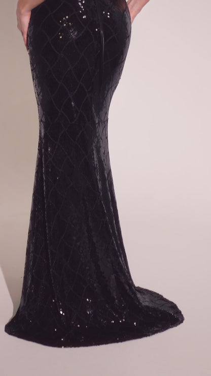 Sleek Long Black Sequin Prom Dress: Amoris T1001