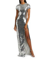 Metallic Sequin Short-Sleeve Slit Gown